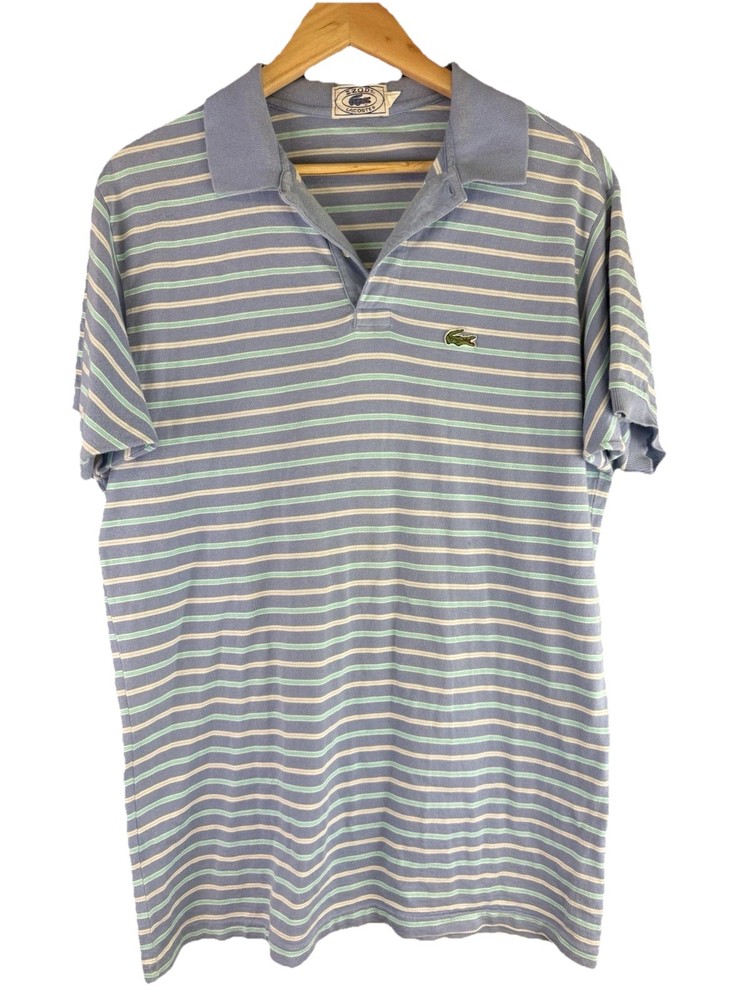 A7- Y2K Izod Lacoste Polo Shirt Mens XL Blue Striped Short Sleeve Vintage Style