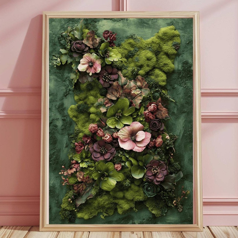 Pink Floral Moss Wall Art Print Large Green Moss Botanical Art Prints Nature