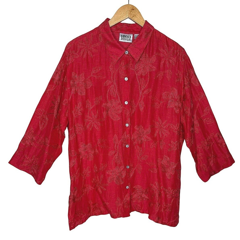 Chico's Design Shirt Womens 3 XL Red Linen Silk Embroidered Button Down EUC Boho