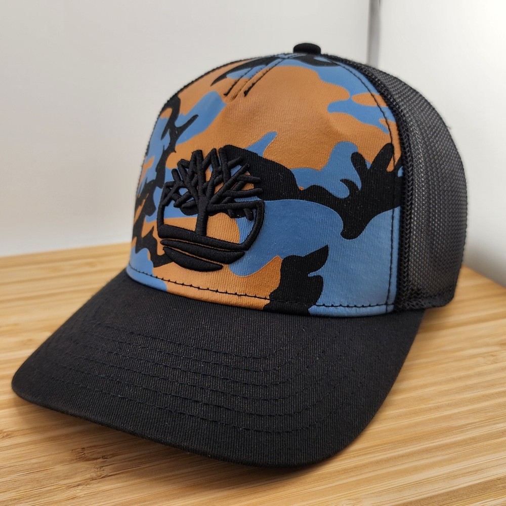 Timberland Trucker Hat, Tan & Blue Camo, Embroidered Logo, Snapback