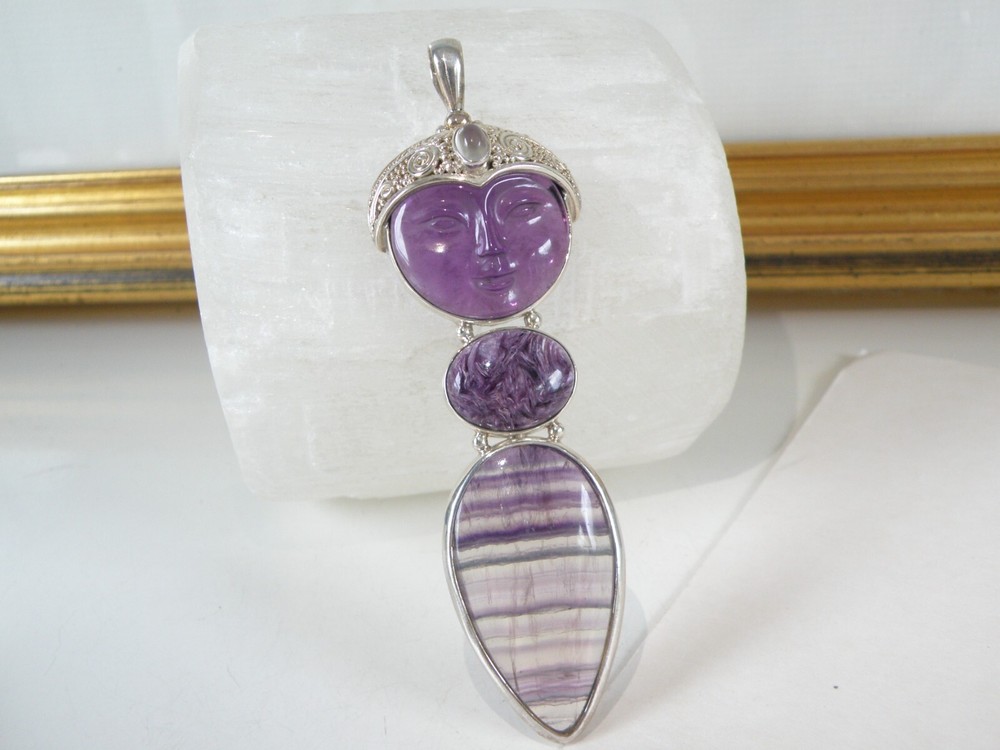 Huge Sajen Sterling Silver 925 Carved Amethyst Fluorite Goddess Pendant