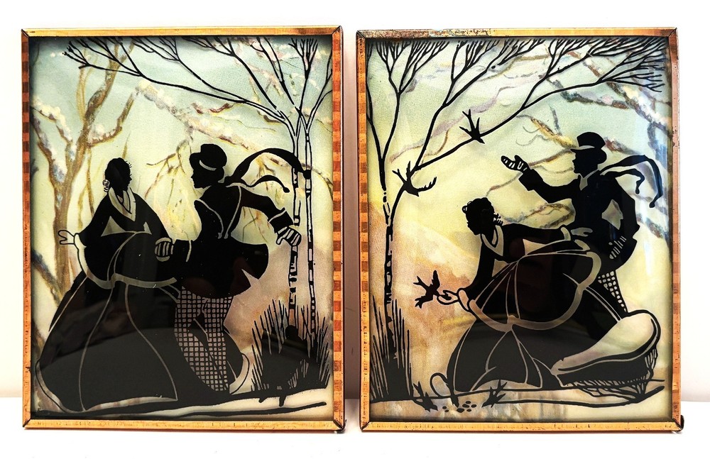 PAIR 1930’s Reverse Painted Silhouettes on Convex Glass Victorian Couple in Snow