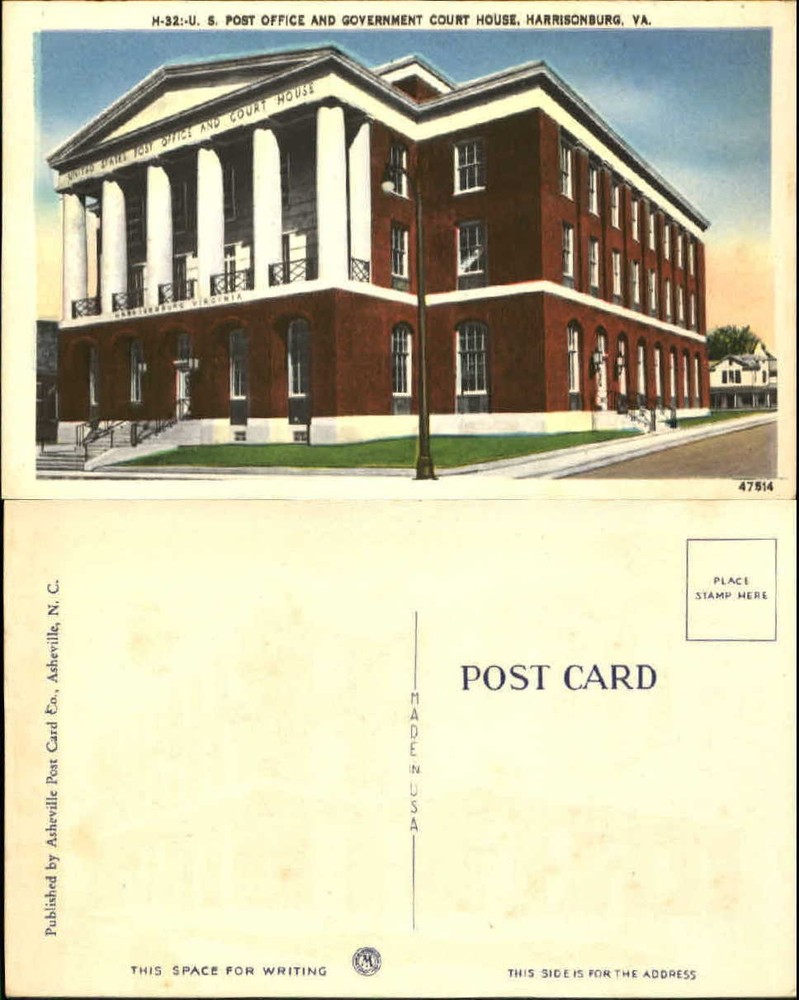 US Post Office and Government Court House Harrisonburg Virginia 1940s postcard