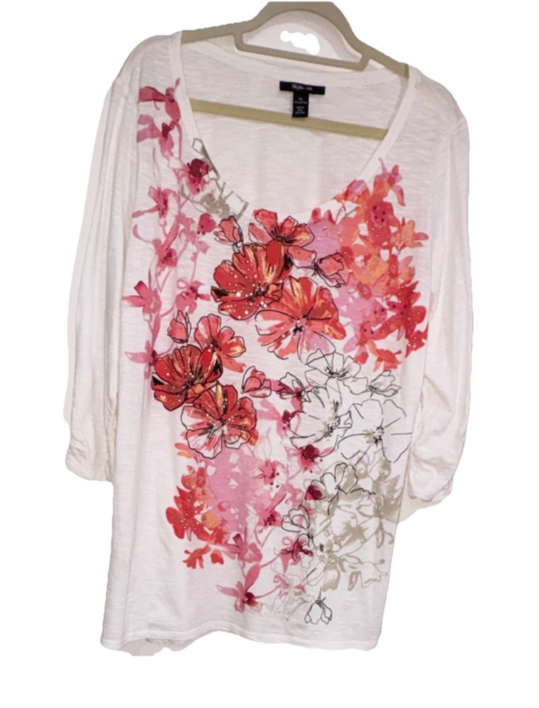 Style & Co. New Women’s Size XL White Floral Beaded 3/4 Sleeve Cotton Blouse