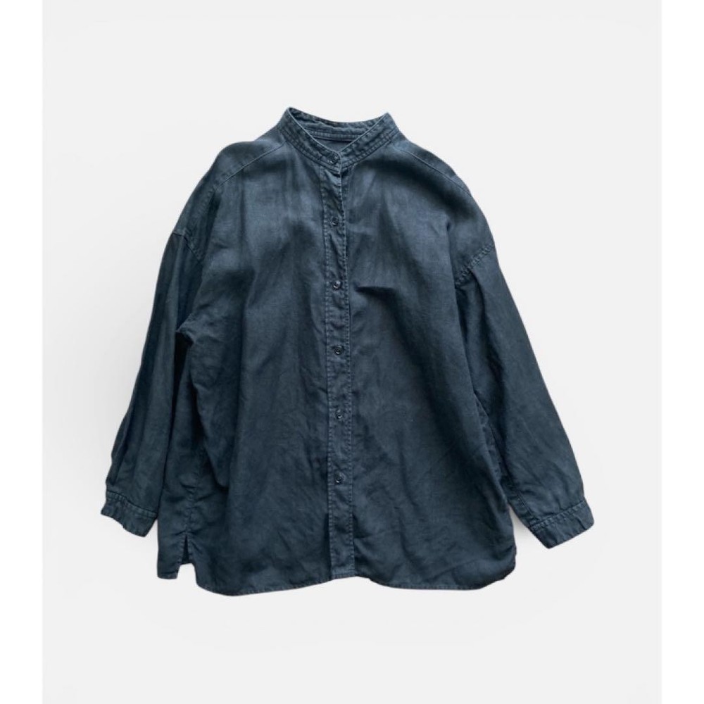Nest Robe Linen Stand Collar Blouse Charcoal Gray Made in Japan 100% Linen