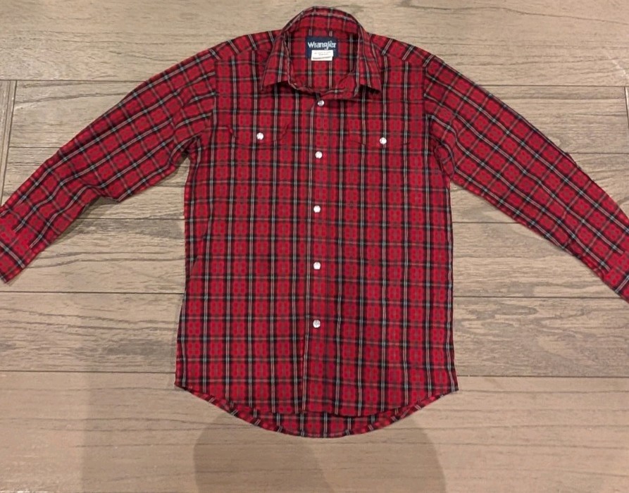 WRANGLER Boys Western Red Plaid Snap LS Shirt Sz  Medium  7-8 Rodeo Cowboy
