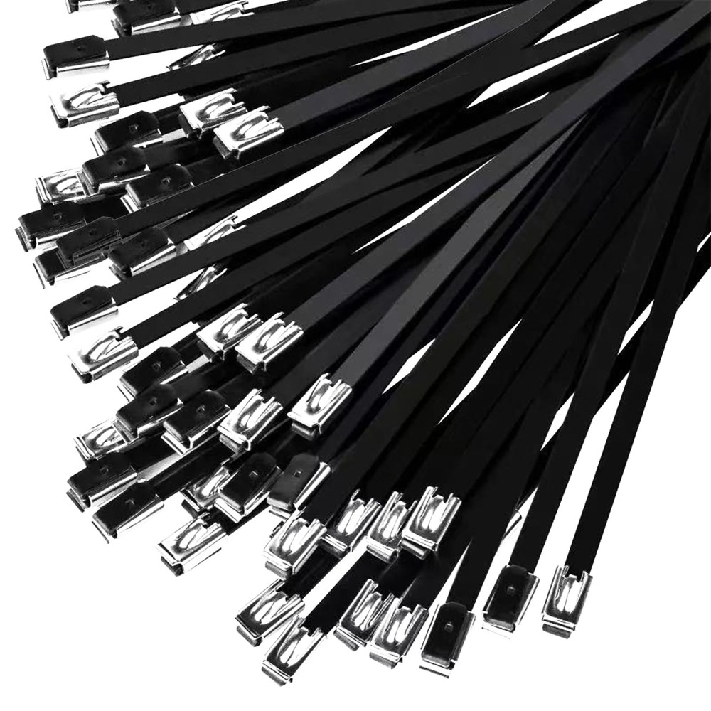 Duthcbw 100PCS 11.8 Inch Black Epoxy Coated Heavy Duty Metal Zip Ties Self Locking Cable Ties