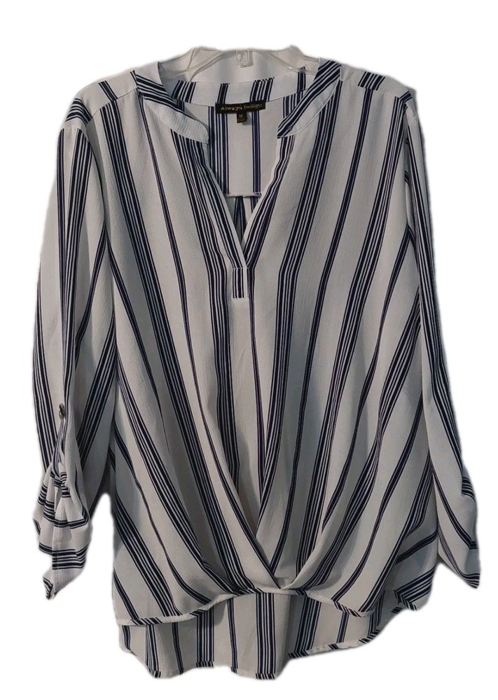 Womens Blouse Size 3X Always Indigo Long Sleeve V Neck White Blue Striped