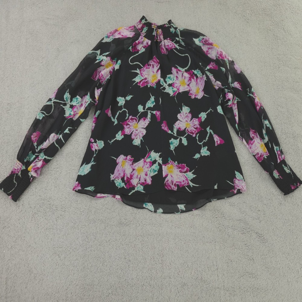 ALC Womens Black Pink Multi Floral Silk Venetia Top with Sheer Sleeves