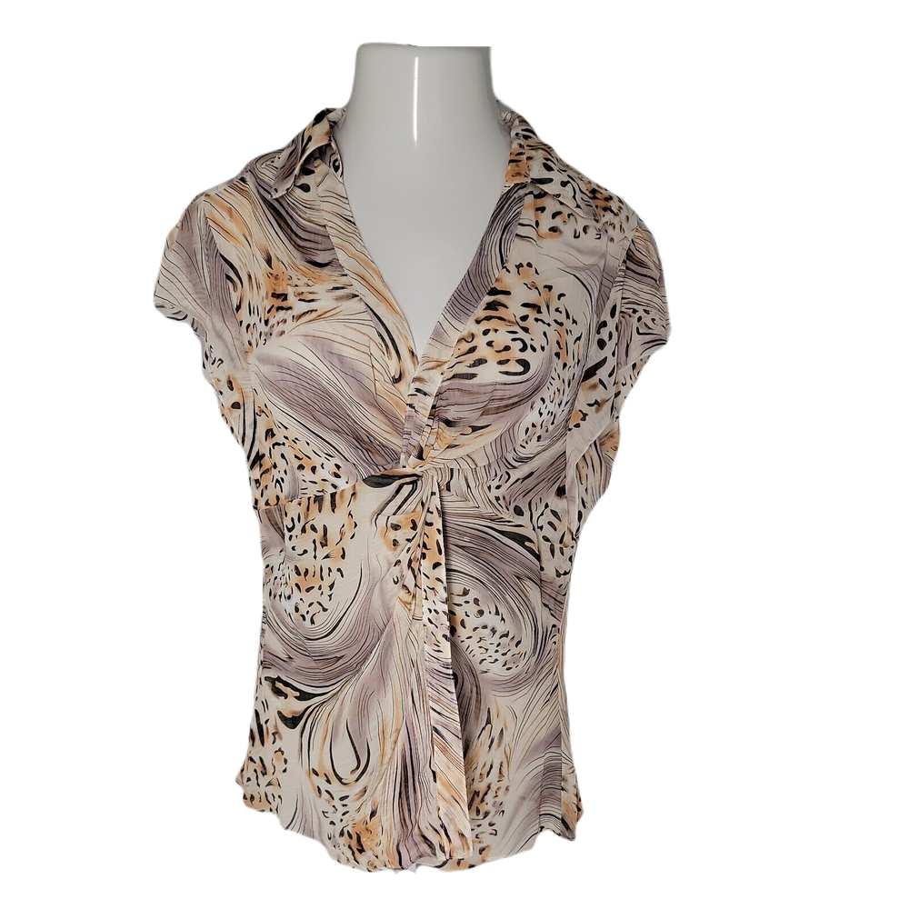 Essentials Women's Shirt Blouse ~ Sz XL ~ Beige ~ Short Sleeve ~ Animal Print