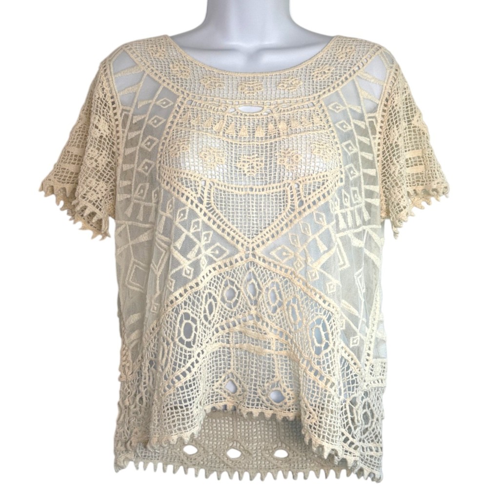 Womens Boho Crochet Lace Mesh Sheer Top Ivory Sz L Festival Fairy Indie Romantic