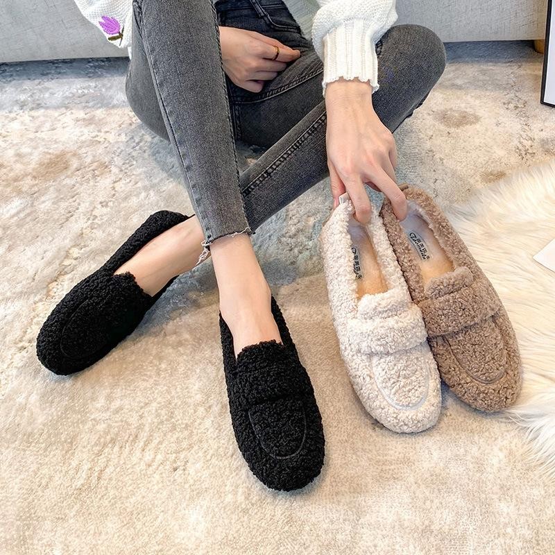 Womens Warm Plush Loafers Winter Warm Cotton Shoes Casual Flats Snow Furry Boots
