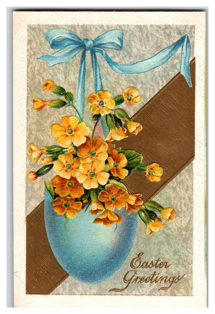 Vintage Embossed Easter Greetings Postcard Yellow Flowers Blue Vase Ribbon