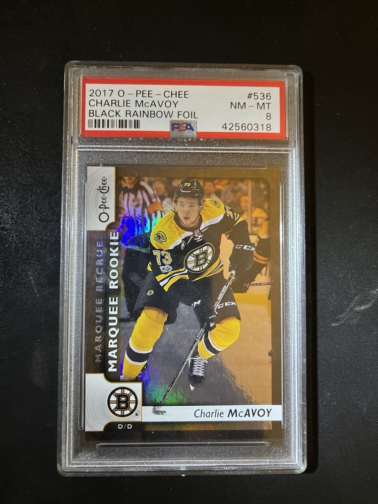 2017-18 O-Pee-Chee Marquee Rookies Charlie McAvoy Black rainbow Foil /100 PSA 8