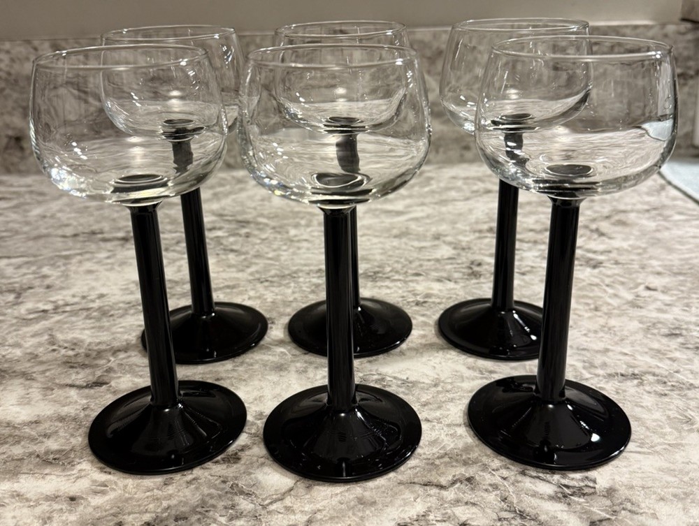 Set of 6 Vintage MCM Luminarc Black Stem Rhine Wine Glasses France J.G Durand
