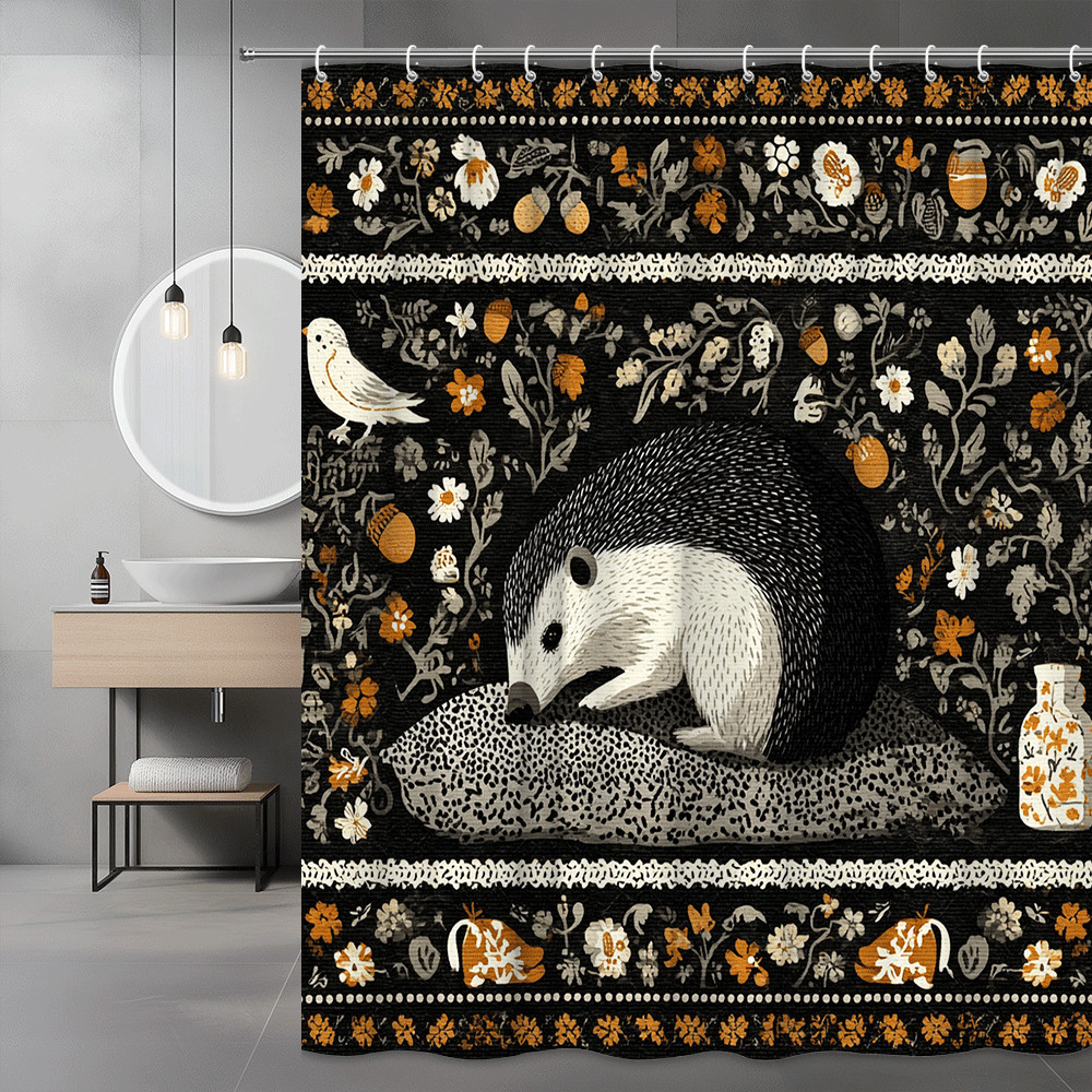 Hedgehog Floral Shower Curtain Black Orange Boho Graphic