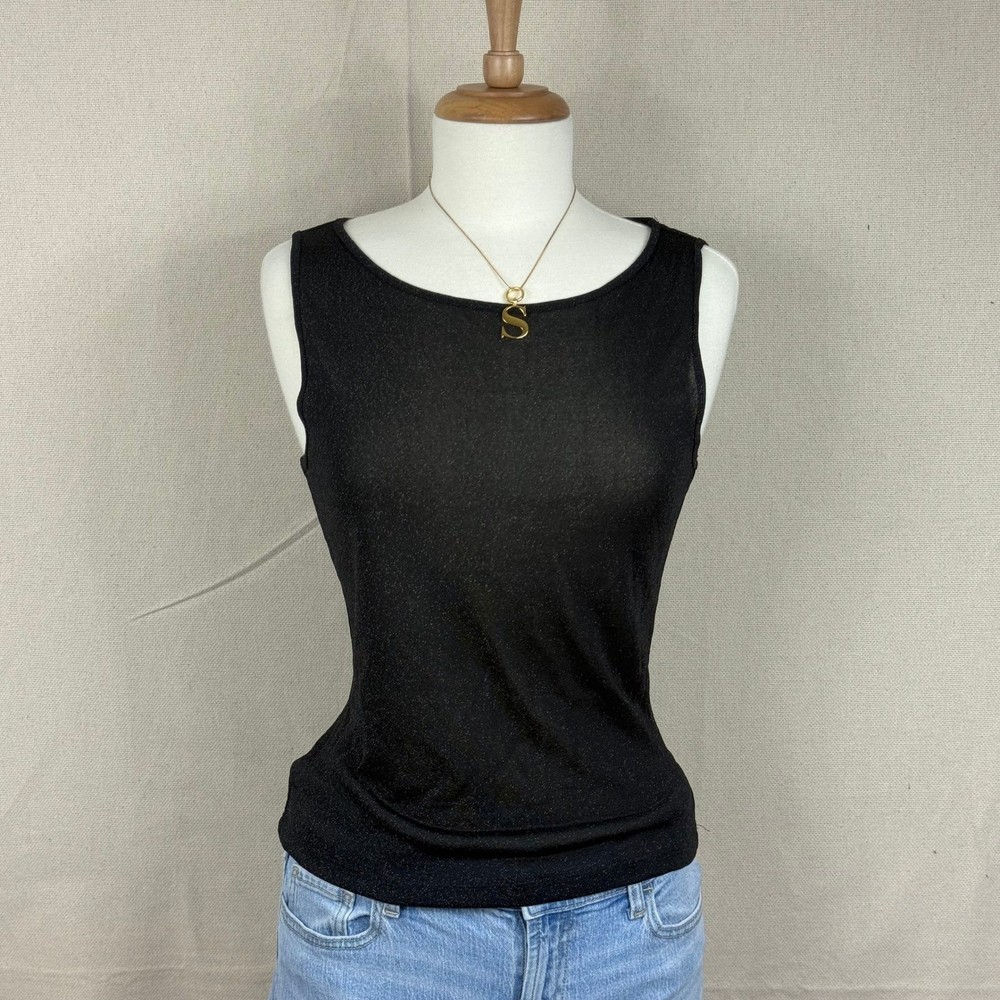 Vintage Ann Taylor Womens Black Metallic Shimmer Sleeveless Tank Top Medium