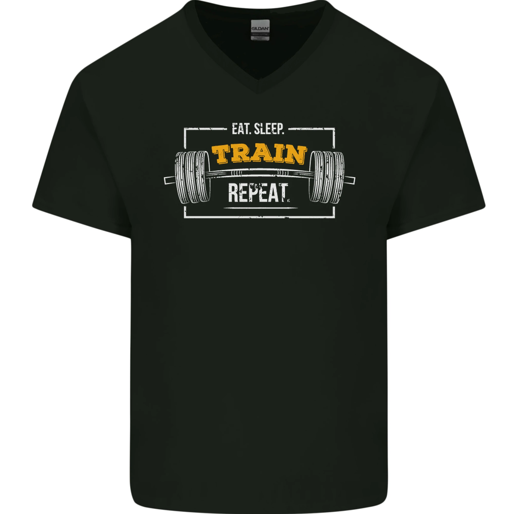 Eat Sleep Train Repeat Gym Training Top Mens V-Neck Cotton T-Shirt