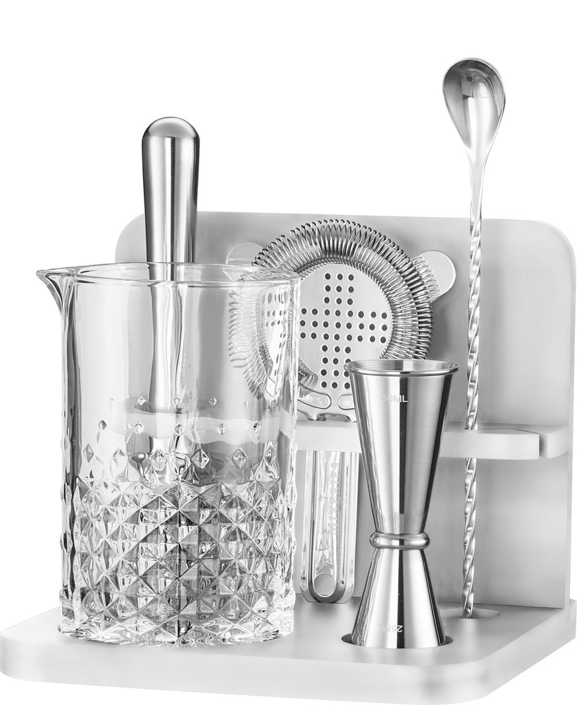 Crystal Cocktail Mixing Glass Set with Bamboo Stand 22 Oz 650ml Thick Durable Barware