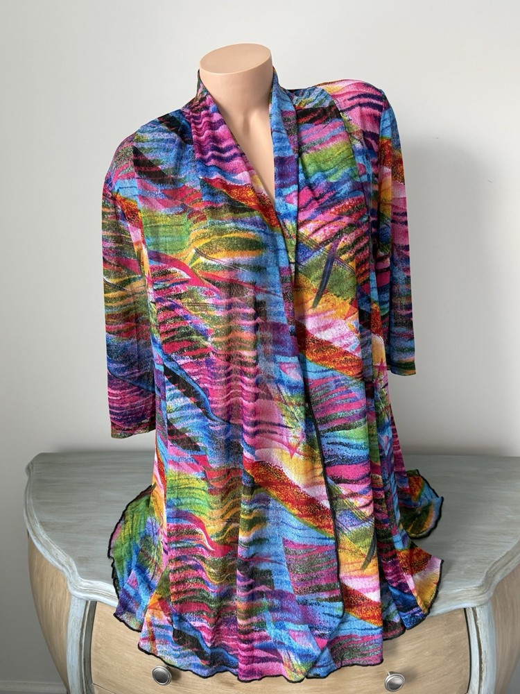 Creation Duster S Cardigan Top Mesh Colorful Artsy Boho Open Front Cover Up Wrap