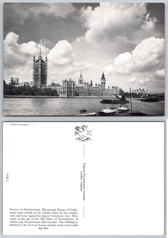 Vintage London Postcard Houses of Parliament Big Ben River Thames B&W