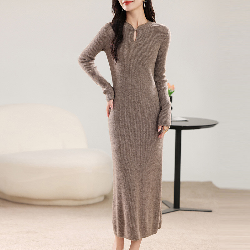 Women's Winter Wool Sweater New Cheongsam Buckle Dress Cashmere Slit Long Skirt