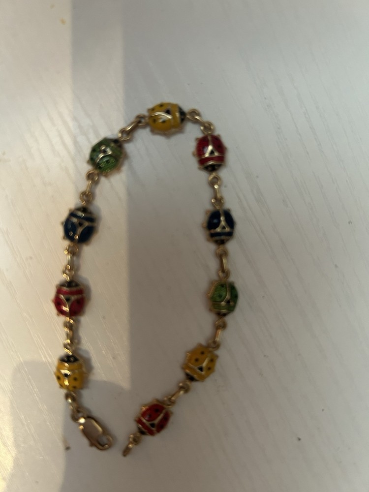 Beautiful 14k Yellow Gold Multi-Colored Italian Ladybug Bracelet 7