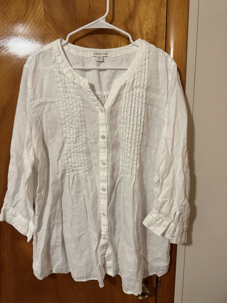 Coldwater Creek Women's White Linen Woven V-Neck Pleated Button Tunic 2X