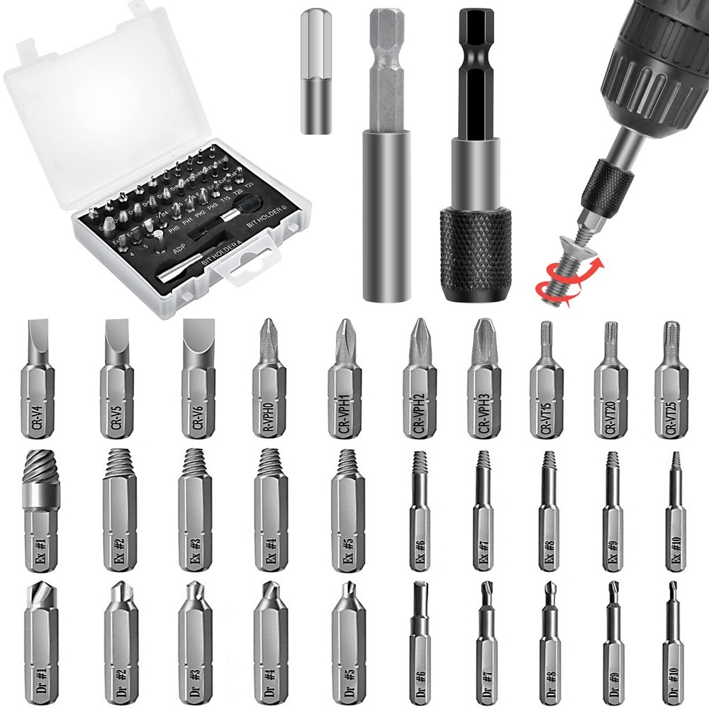 33pcs Damaged Stripped Screw Extractor Set with Magnetic Bit Holder for Easy Removal