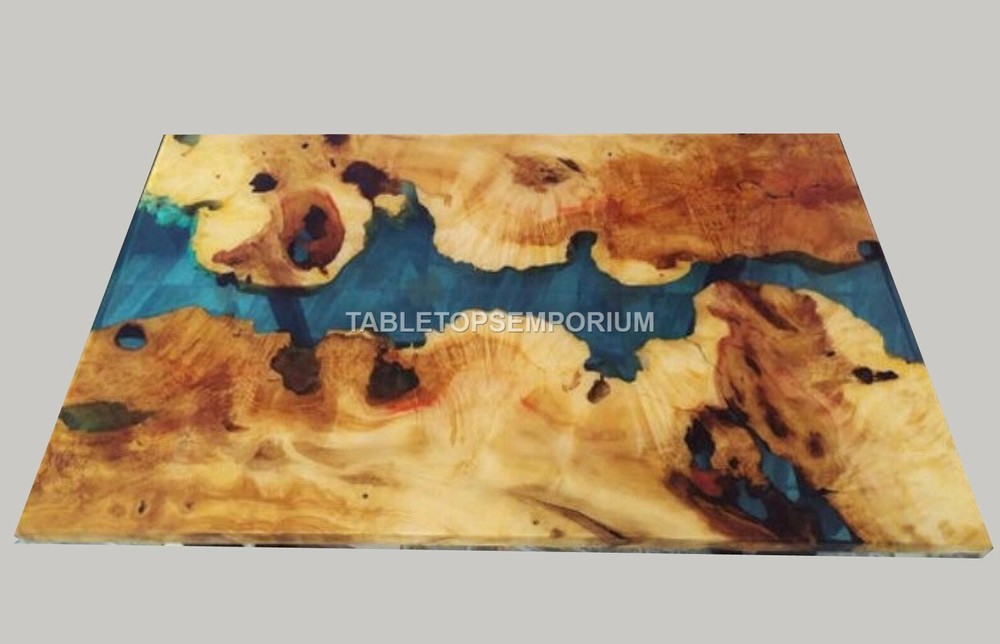 Mappa Burl Acacia Wood Handmade Epoxy Blue river Dining Table Top Handmade Decor