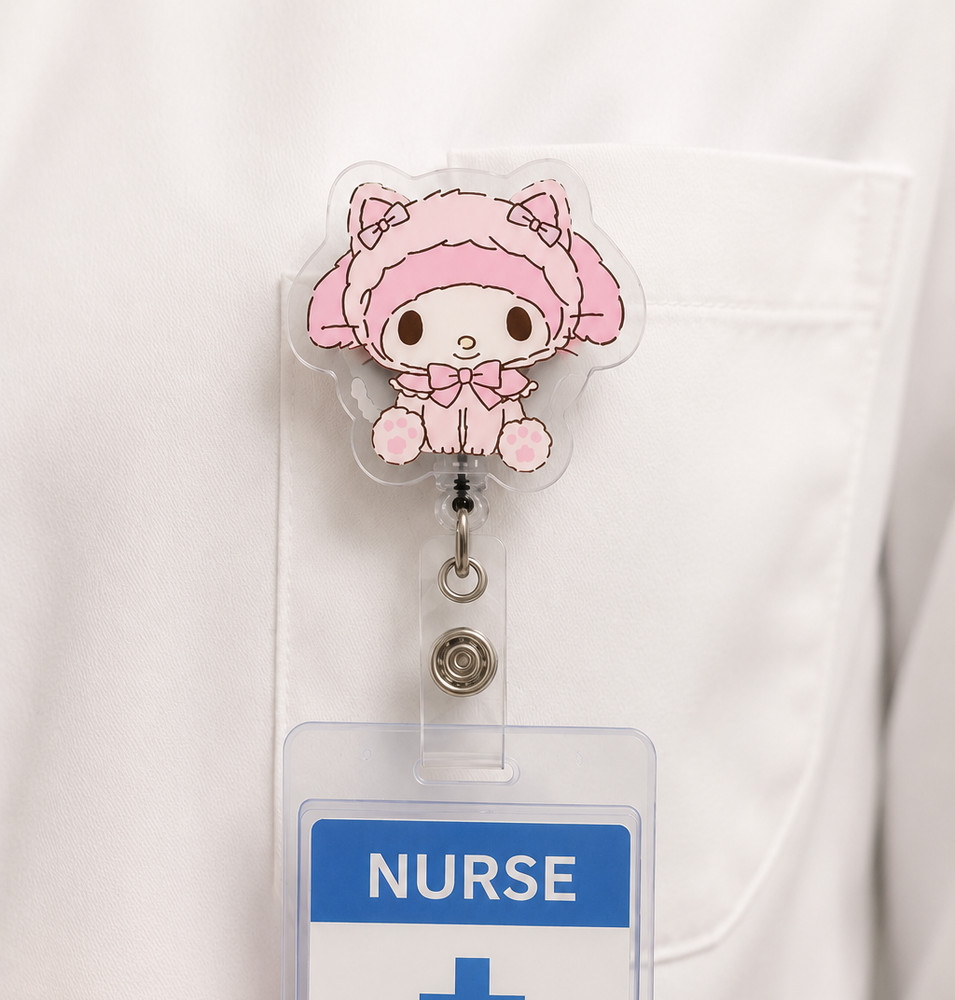 Cute Pink Cartoon Nurse Badge Reel Retractable ID Card Holder, Kawaii Animal Acr