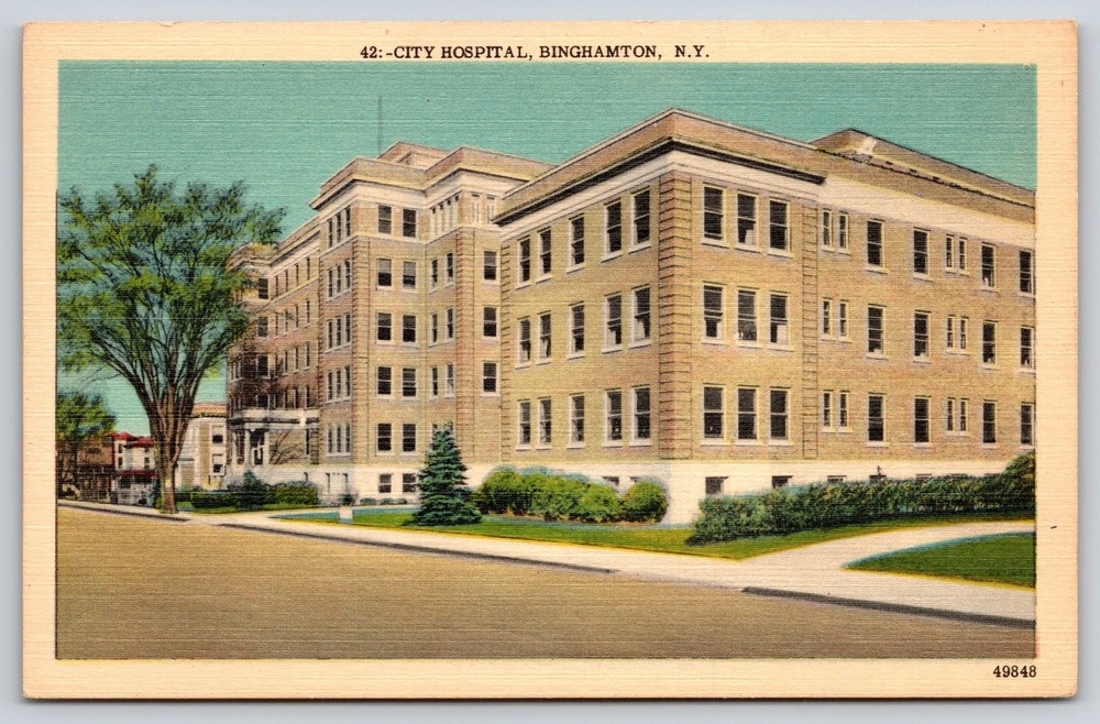 Binghamton New York~City Hospital Bldg St View~Portico~Linen 1940s Postcard
