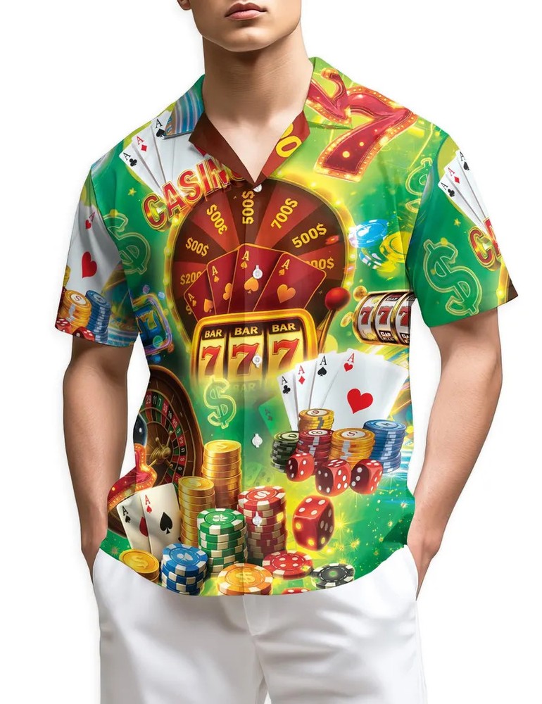 Casino Hawaii Shirt Mens Lucky Gambling Aloha Beach Vacation Dice Cards
