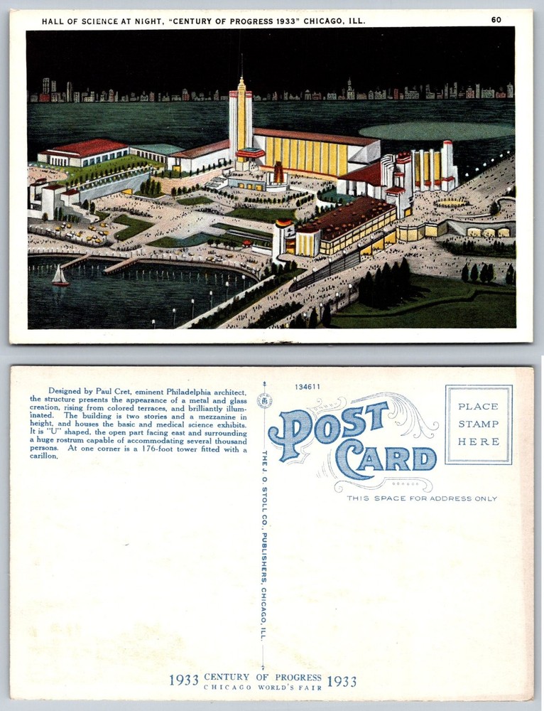 1933 Chicago World's Fair Hall of Science at Night Postcard J.O. Stoll
