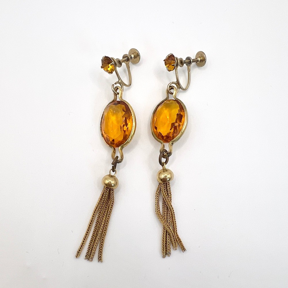 Vintage Amber Glass Tassel Dangle Earrings Gold Tone Screw Back Art Deco Style