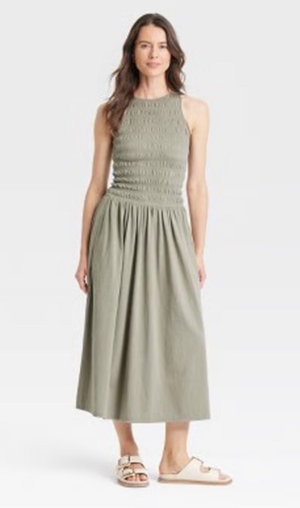 Universal Thread Dress Womens Medium Green Smocked Knit Maxi Dress Pockets NEW