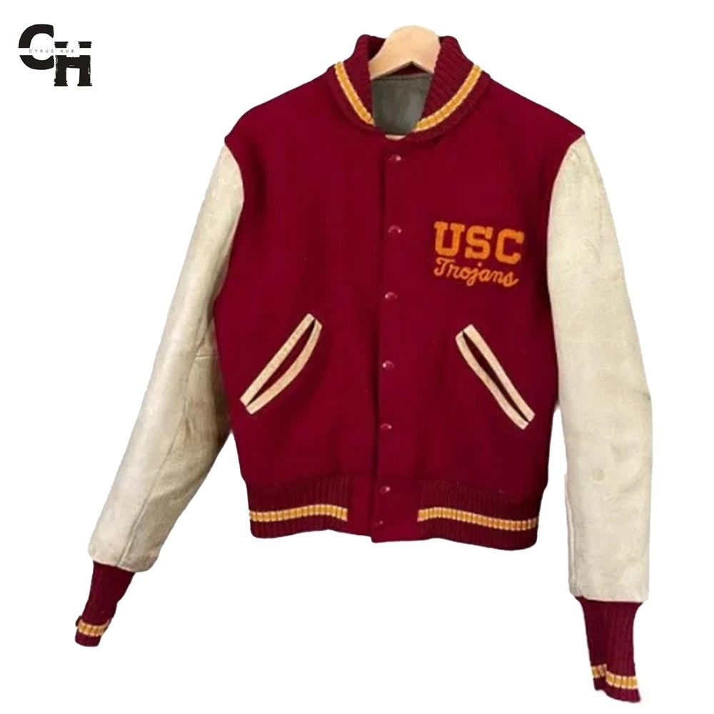 Letterman Men's USC Trojans 80s Burgundy Wool Genuine Leather Varsity Jacket
