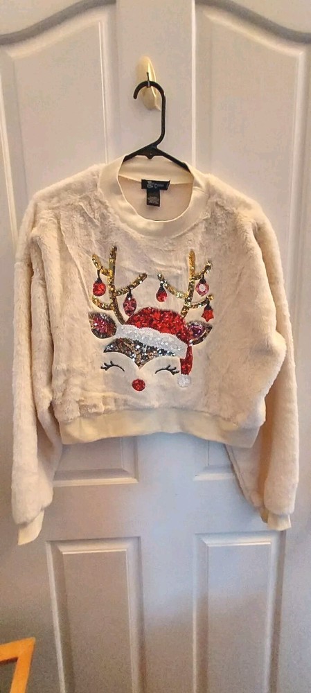 Miss Chievous Merry Christmas Rudolph Reindeer Sweatshirt Sequin Reverse Sz L