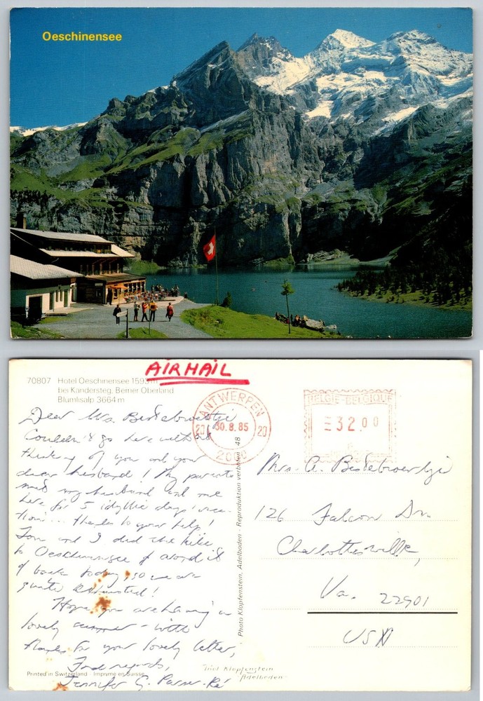 1985 Oeschinensee Lake Switzerland Postcard Kandersteg Alps Hotel Posted