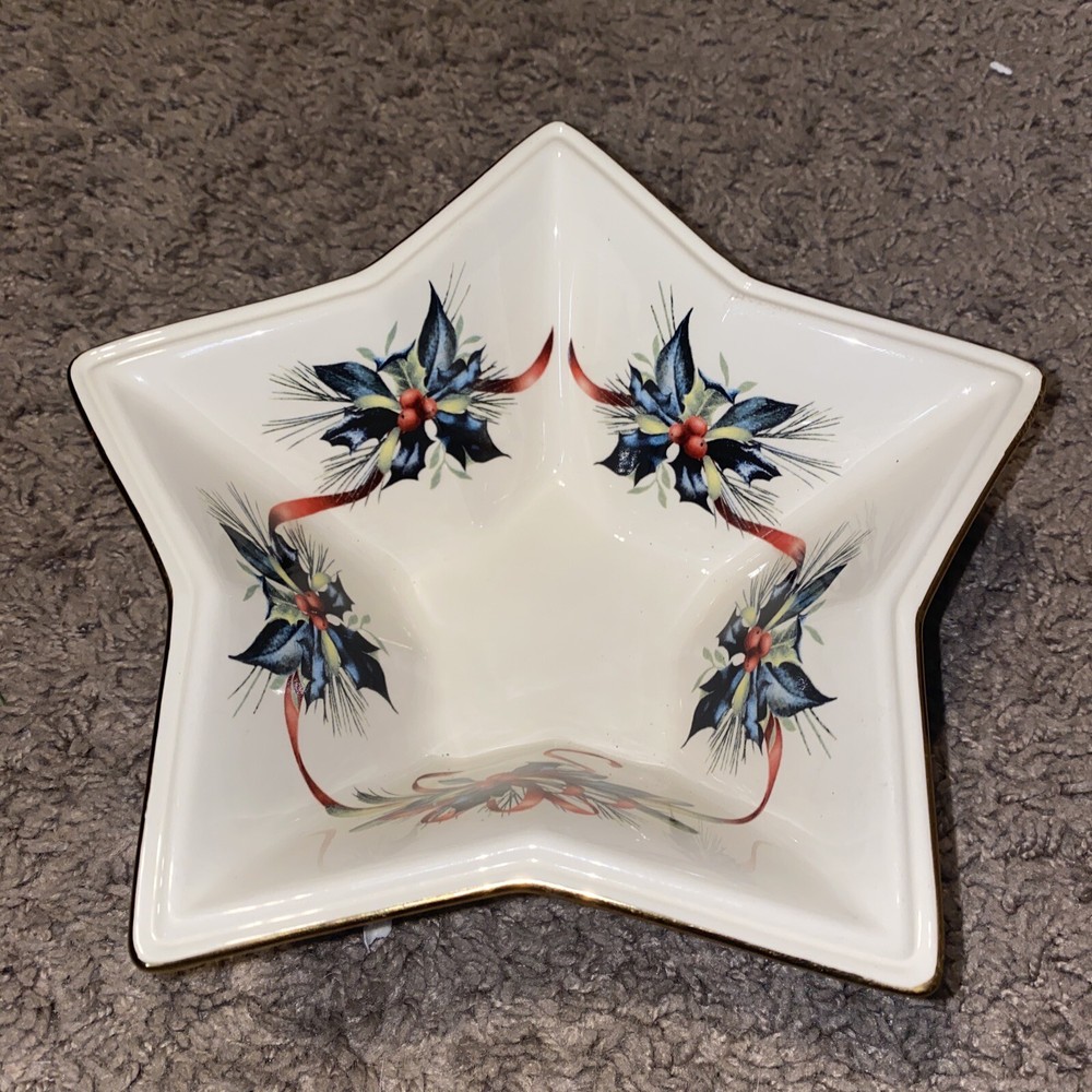 Lenox WINTER GREETINGS Star Shaped Bowl Christmas Holiday Holly Ribbons! SEE!
