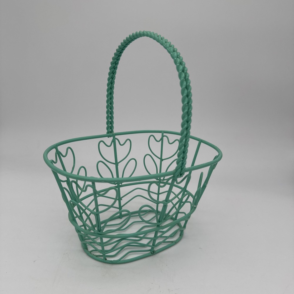 Light Green Wired Tulip Handled Basket Vintage Spring Easter Decor