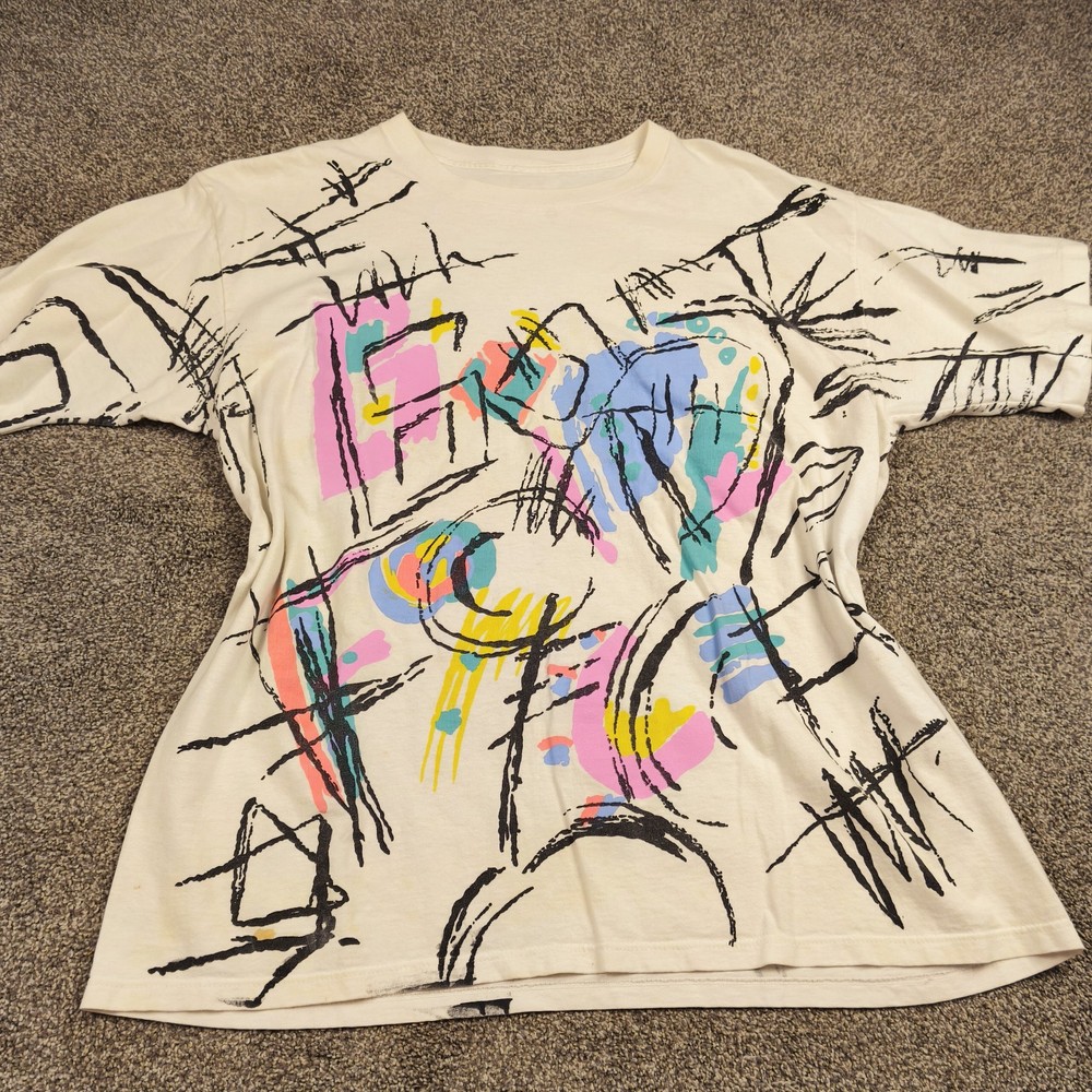 Vintage 80s 90s Abstract Art Graphic T Shirt Single Stitch Neon Paint Sz XL-image
