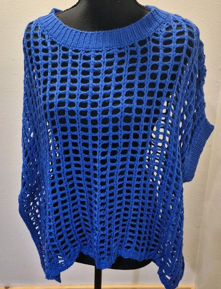Women's 3XL Blue Open Knit Mesh Sweater Top Dolman Sleeve Beach Cover Up NWOT