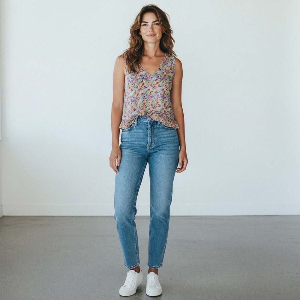 Cynthia Rowley Floral Tank Top Medium Multicolor Ruffle Hem V-Neck Blouse