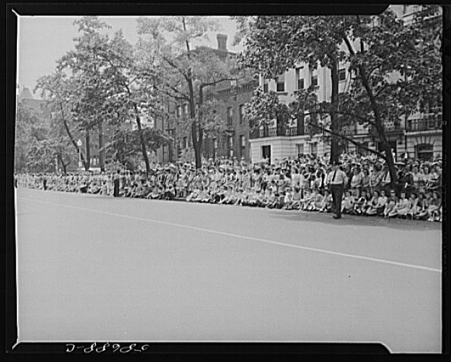 Photo:New York City 1930s Parade Crowd Street Scene Trees Brownstones