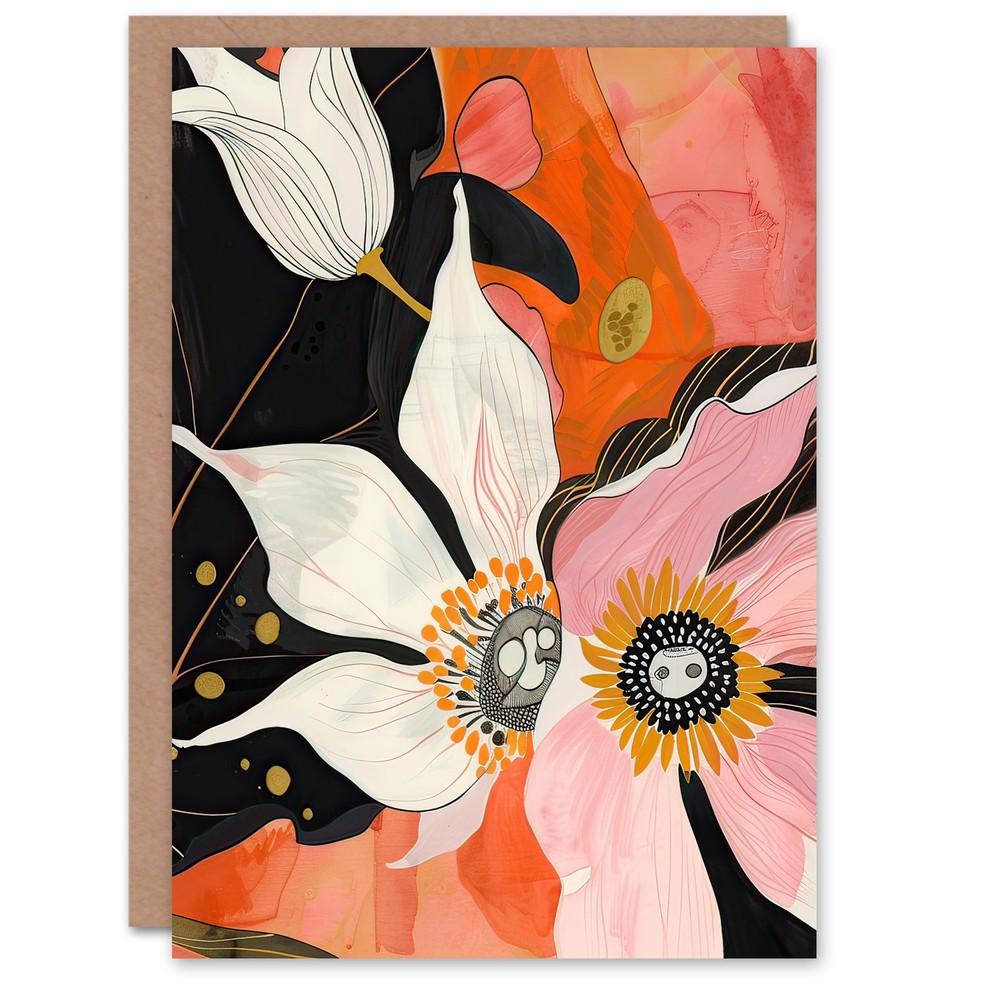 Greeting Card Abstract Pink Orange Flowers Artwork Floral Boho Blank Birthday