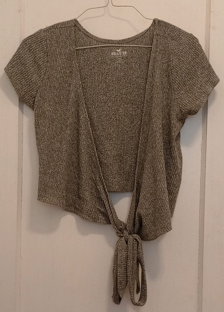 Hollister Knit Cropped Blouse Gray Tie Front Short Sleeve Scoop Neck Size L