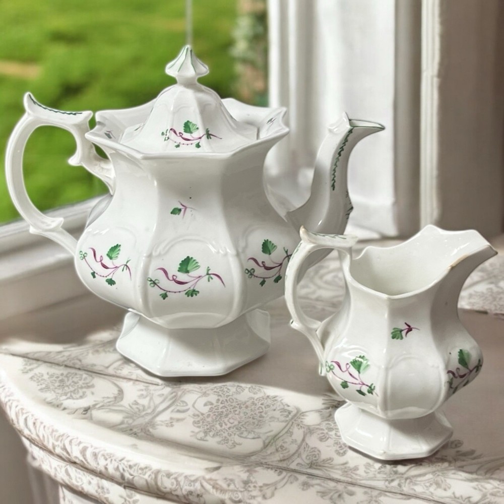19th Century Staffordshire Antique Sprigware Large Porcelain Teapot & Creamer