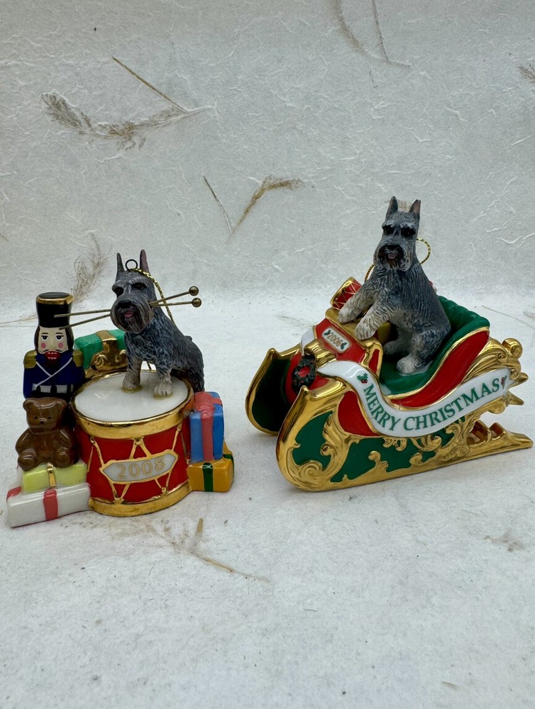 Danbury Mint Miniature Schnauzer Dog Ornaments SANTA'S HELPER & DRUMMER 2006/08