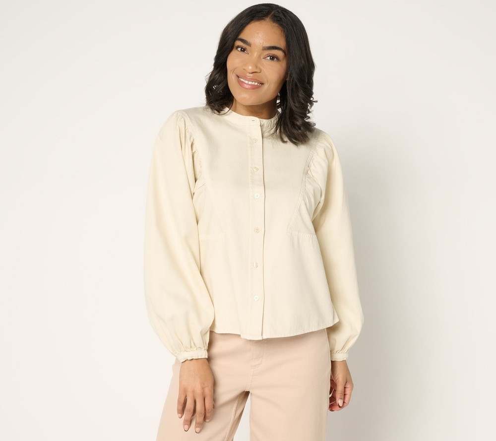 Fashion Women's Top Sz M Dahlia Almond Milk Cotton Denim Shirt White A682341